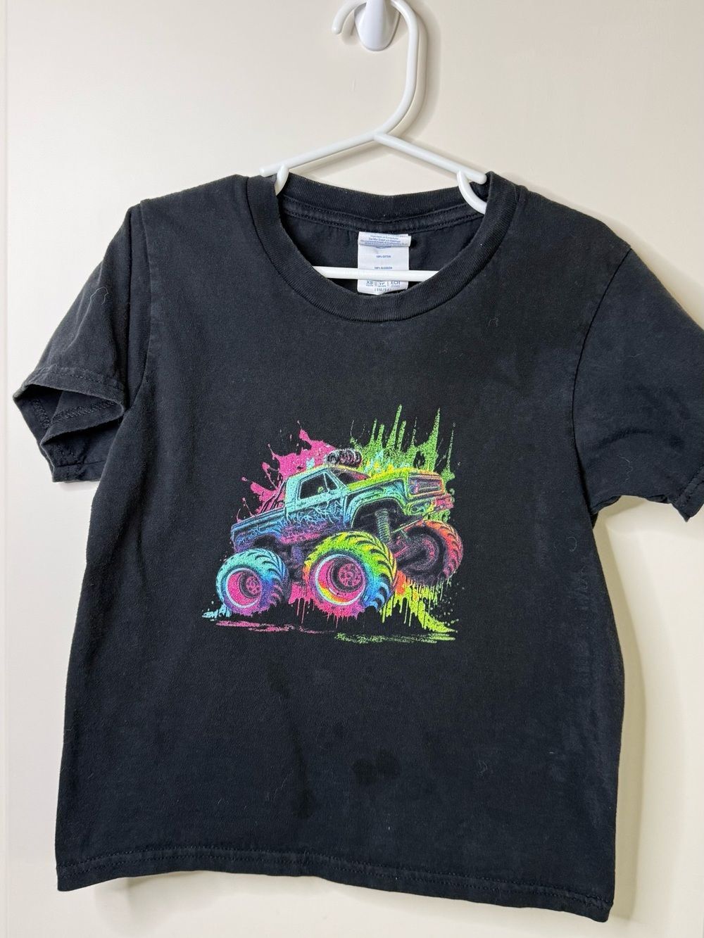 Black Kids' Monster Truck Graphic Tee - Neon Print. Perfect for monster jam YXS
